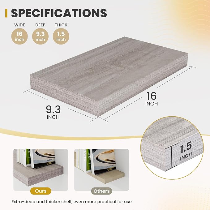 Acovy 16 Inch Floating Shelves, 9.3" Deep Floating Shelf Wall Mounted, 16" Wall Shelves, Rustic Deep Bookshelf, Large Display Shelves & Storage Shelves for Bedroom, Living Room, Grey, Set of 2