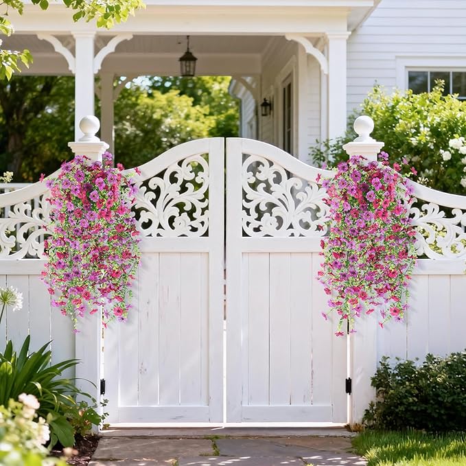 Homsunny Artificial Hanging Flowers for Outdoor, 2PCS Fake Flowers Faux Silk Daisy with Eucalyptus Leaves, UV Resistant Aritificial Flowers for Spring Home Patio Yard Porch Decor (Light Purple Red)