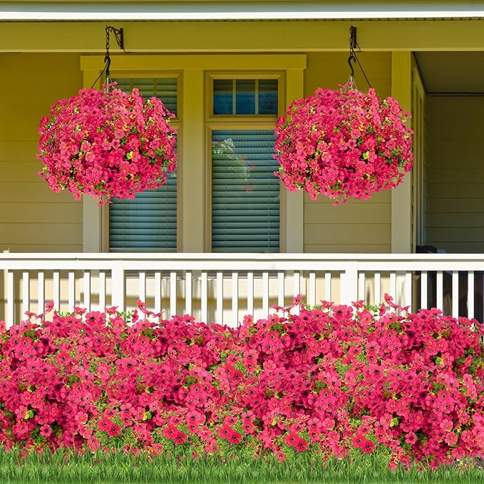 MERIXMAS 24 Bundles Artificial Flowers for Outdoors Decorations, Fake Flowers Artificial Plants Outdoor, Colorful Daisy Eucalyptus Realistic UV Resistant for Garden Patio Porch Home Decor, Rose Red