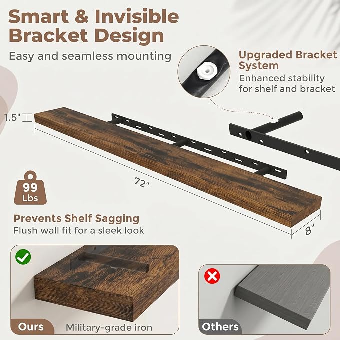 72 Inch Floating Shelves for Wall, 8"D Wood Storage Shelves, Brown Finish | Engineered Wood, Invisible Bracket, Large Storage, Easy Install, Hold Up to 99lbs, Living Room, Bathroom, Bedroom, Kitchen