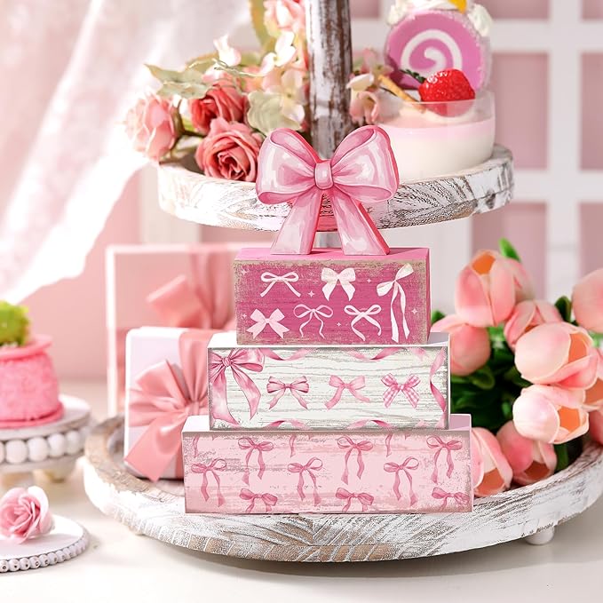 Conelist 4 Pcs Pink Bow Room Decoration Galentines Coquette Gift Pink Bow Block Sign Centerpiece for Table Gift for Teen Girl Birthday Bachelorette Bridal Wedding Baby Shower Valentines Party Supplies