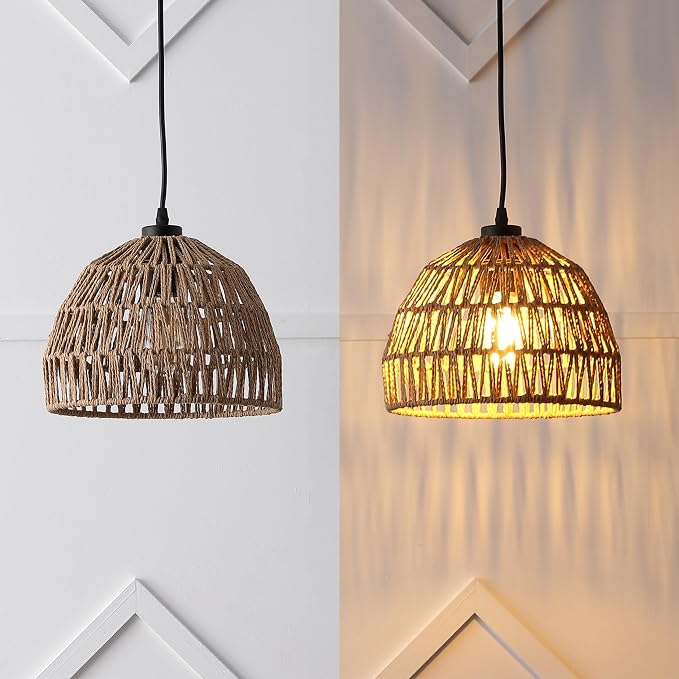 JONATHAN Y 10.25" Brown Modern Bohemian Woven Rope LED Pendant Light Fixture, Adjustable Dome Ceiling Lamp for Kitchen Island, Rope Shade, Coastal Farmhouse Decor (JYL6513E)