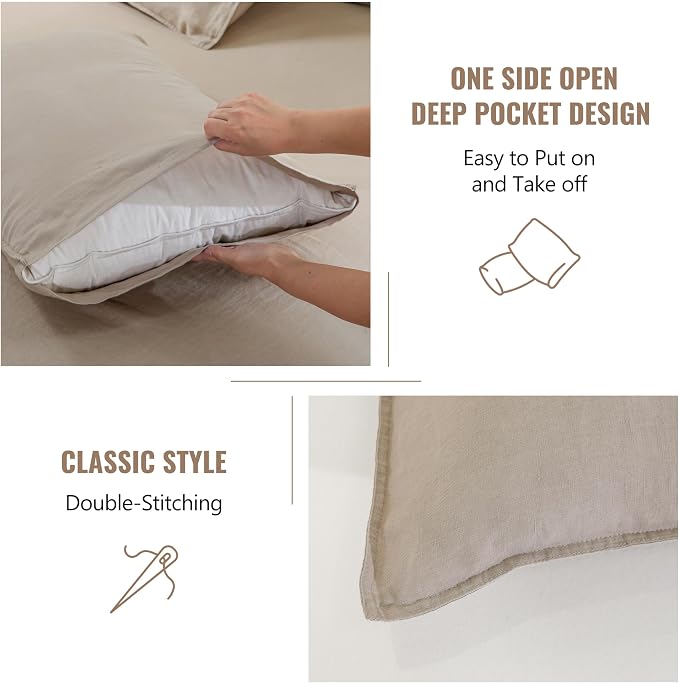 French Linen Pillow Cases - Moisture-Absorbing Linen Pillow Shams, King Size (20''x40''), Khaki