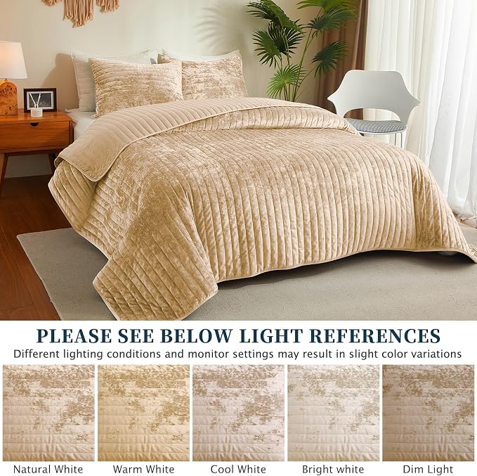 Luxury Soft Velvet Quilt Set Queen Size - Lightweight Velvet Bedding Set for All Season, Oversized Bedspread Coverlet Comforter Set with 2 Pillow Shams, Beige Brown, Striped