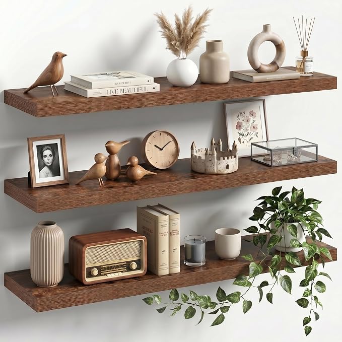 36" Floating Shelves for Wall, Set of 3, 8" Deep, 1.5" Thick, Brown | Rustic Wood Wall Shelves with Invisible Brackets, Storage and Display for Bathroom, Bedroom, Living Room or Kitchen