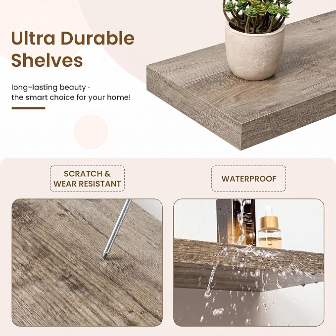 Marsmiles 55in Floating Shelves for Wall, 72" W x 9.25" D x 1.5" H, Long Wall Mounted Engineered Wood Shelves with Invisible Brackets for Living Room, Bedroom, Bathroom, Kitchen, Grey, 2Pcs