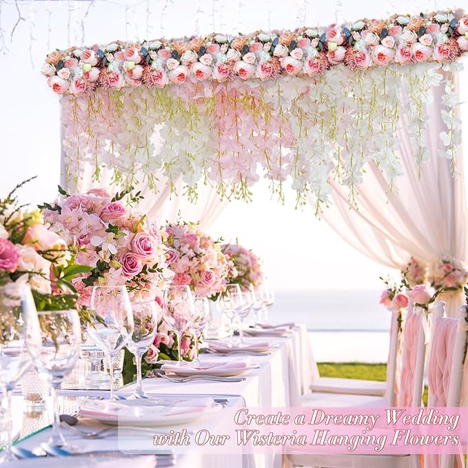 60 Pack White Pink Wisteria Hanging Flowers, Fake Hanging Flowers for Decoration, Artificial Flowers,Vines for Bedroom,Flower Garland for Home,Party,Garden, Wall,Wedding Decoration(3.6 Ft/Pcs)