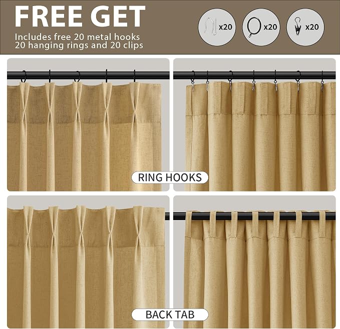 Gold Pinch Pleated Linen Curtains 96 Inch Length 2 Panels Set for Living Room Bedroom Heat Boho Farmhouse Window Privacy Light Filtering Semi Sheer Back Tab Drapes with Hooks for Dining Room 40x96