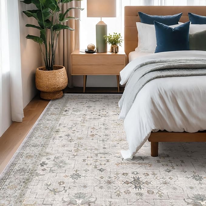 Hazo Haus Boho Washable 5x7 Living Room Rug - Neutral Light Gray & Sage Area Rugs for Nursery, Dining Under Table, Bedroom, Modern Vintage Eclectic Geometric Floral, Low Pile Stain Resistant