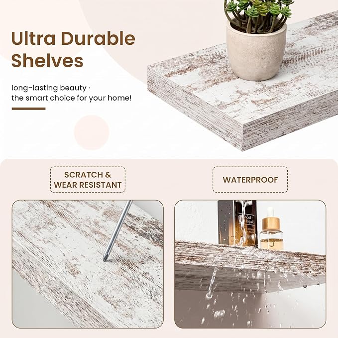 24in Floating Shelves for Wall, 24"W x 9.25"D x 1.25"H, 2 Pack Long Wall Mounted Engineered Wood Shelves with Invisible Brackets for Living Room, Bedroom, Bathroom, Kitchen, Vintage White