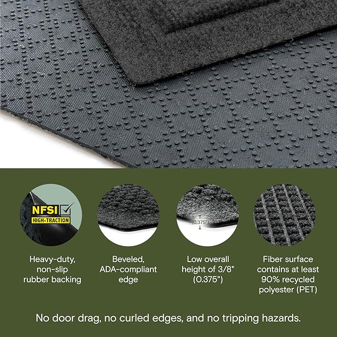 WaterHog Squares Front Door Mat Indoor Outdoor Entrance, Absorbent All-Weather Doormat with Non-Slip Rubber Backing, Dirt & Moisture Trapper, Low Profile, Easy Clean, Made in USA, 22"x60" Charcoal