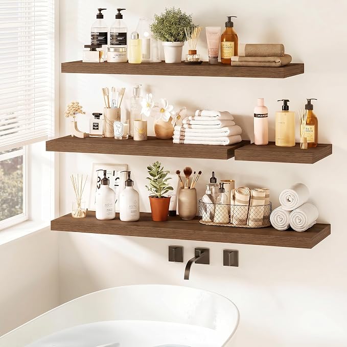 Vivelove Walnut Floating Shelves 55 Inches Long, Wall Display Shelves with Invisible Brackets, for Bathroom Living Room Kitchen Bedroom Office Farmhouse Home Decor, 55x9.3X 1.5 - Set of 2, Walnut