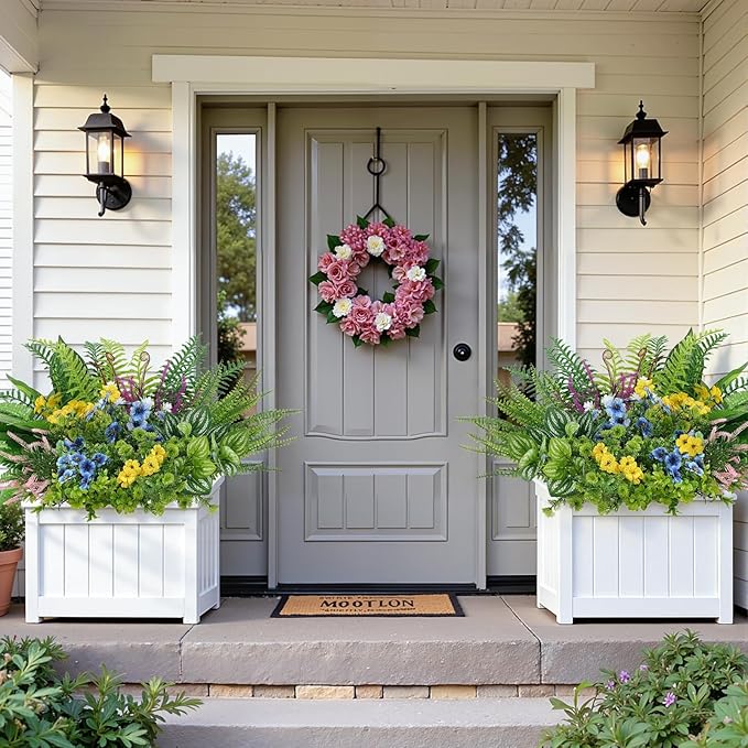 Alupssuc 24Pcs Artificial Flowers and Plants,UV Resistant & No Fade Fake Plastic Greenery Shrubs for Home Garden, Pathway, Front Porch-Spring Summer Decor, Indoor/Outdoor Use,Pink Purple Yellow Blue