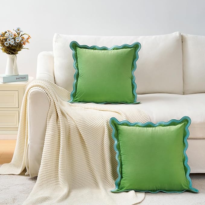 MONDAY MOOSE Decorative Throw Pillow Covers Cushion Cases, Set of 2 Soft Velvet Scalloped Wavy Edge Designs, Pillow Inserts Not Included (18x18 inch, Light Green/Light Blue)