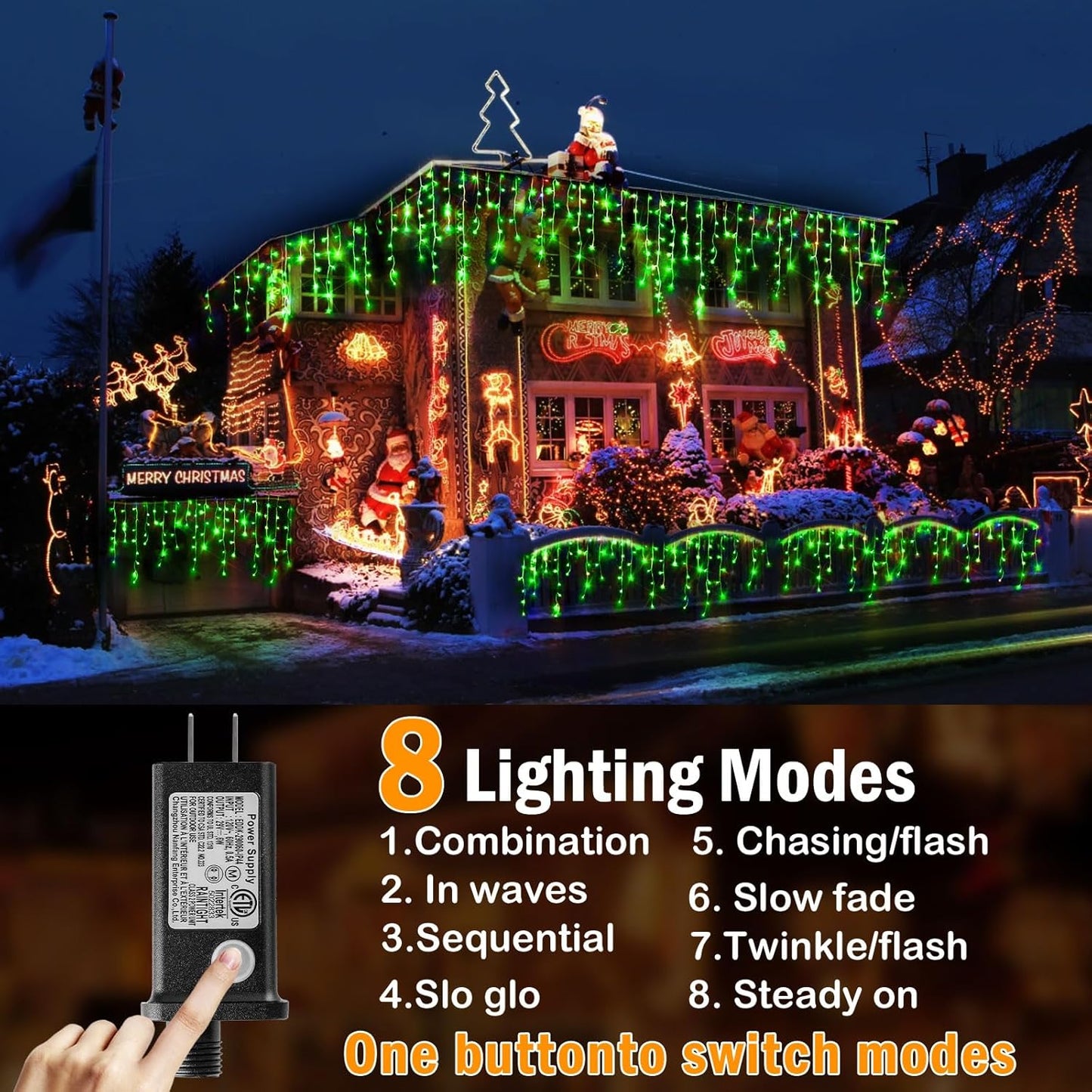KNONEW 99ft 1216 LED Christmas Lights Outdoor Decorations with 228 Drops, 8 Modes Curtain Fairy Light, Clear Wire LED String Light Decor for Wedding Party Christmas (Green)