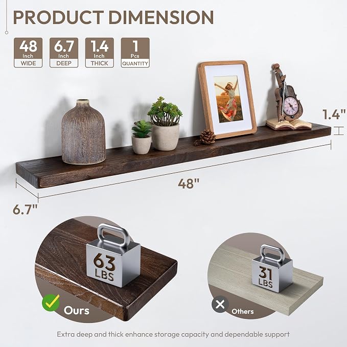 Marsmiles 48 inch Floating Shelves for Wall Solid Elm Wood Wall Mounted Shelves|Rustic Long Floating Shelves with Invisible Bracket for Bathroom Kitchen|Rounded Edge|Walnut, 1 Pack