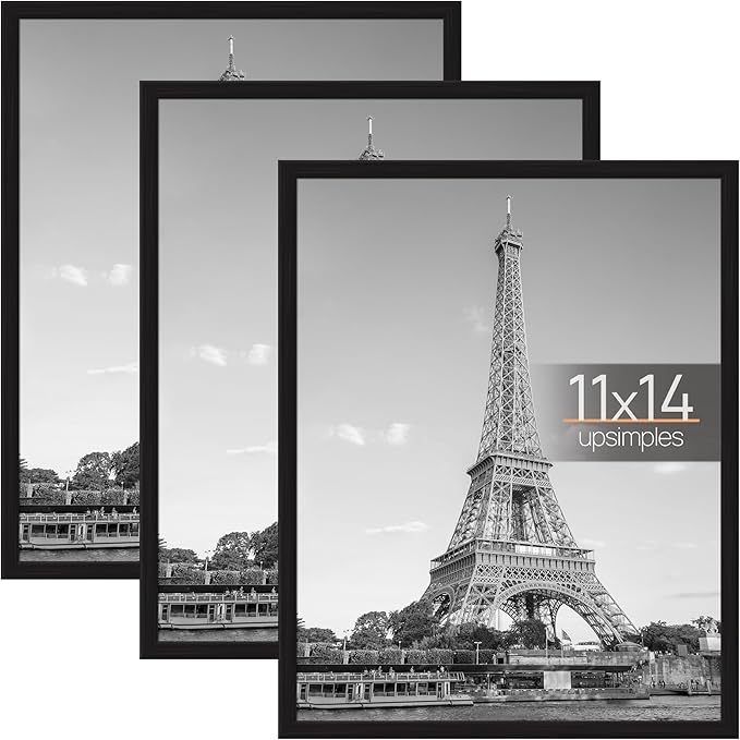 upsimples 11x14 Picture Frame Black 3 Pack, Scratch-Proof Poster Frames 11 x 14 for Photo Gallery - Slide-In Strips, Horizontal or Vertical Wall Mounting