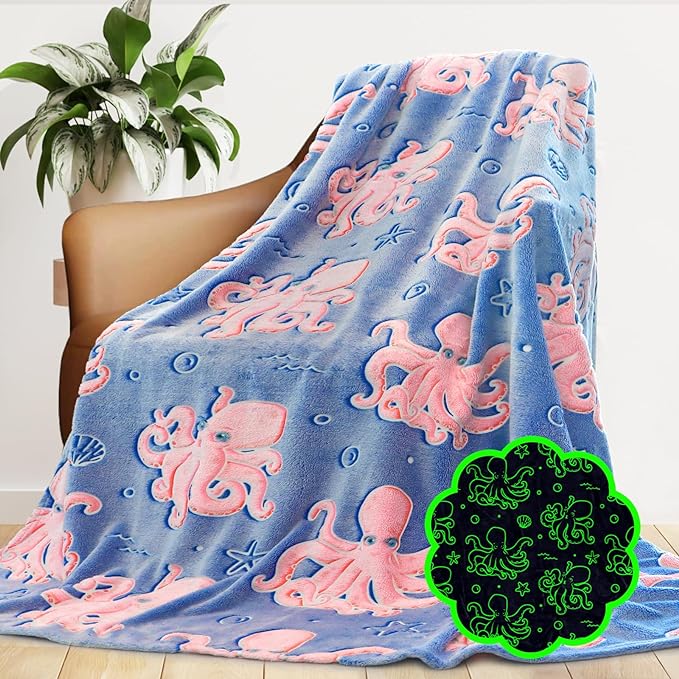 Octopus Toys Birthday Gifts for Boys Girls, Soft Blue Octopus Blanket for Kids Toddlers Travel, Glow in the Dark Ocean Sea Animal Fleece Throw Blanket for Bedroom Game Room Coastal Decor 50"x60"