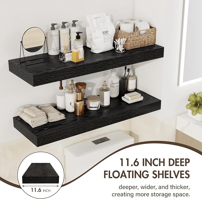 Acovy 48 Inch Floating Shelves, 12" Deep Floating Shelf Wall Mounted, 48" Wall Shelves, Rustic Deep Bookshelf, Extra Deeper & Thicker Display Shelves for Bedroom, Living Room, Black, Set of 2