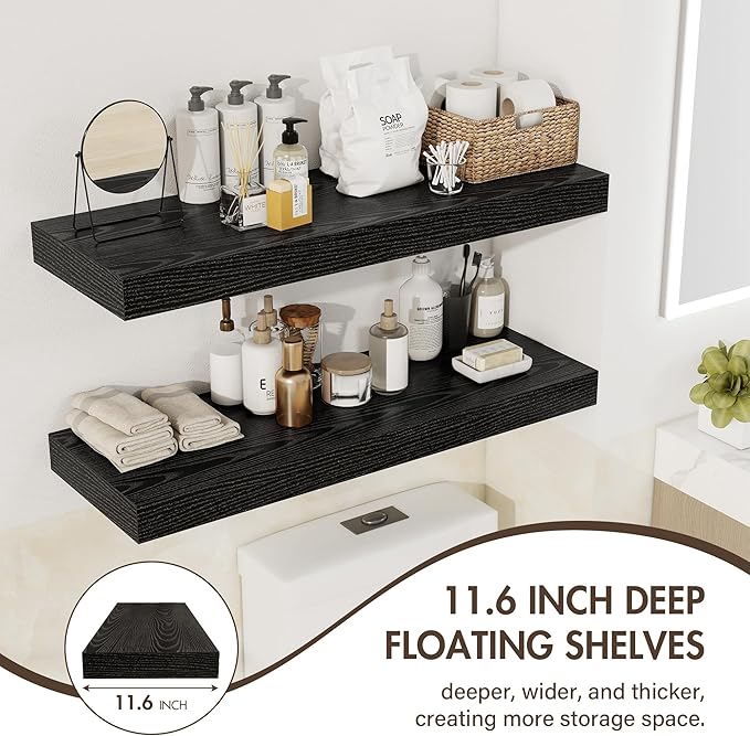 Acovy 55 Inch Floating Shelves, 12" Deep Floating Shelf Wall Mounted, 55" Wall Shelves, Rustic Deep Bookshelf, Extra Deeper & Thicker Display Shelves for Bedroom, Living Room, Black, Set of 2