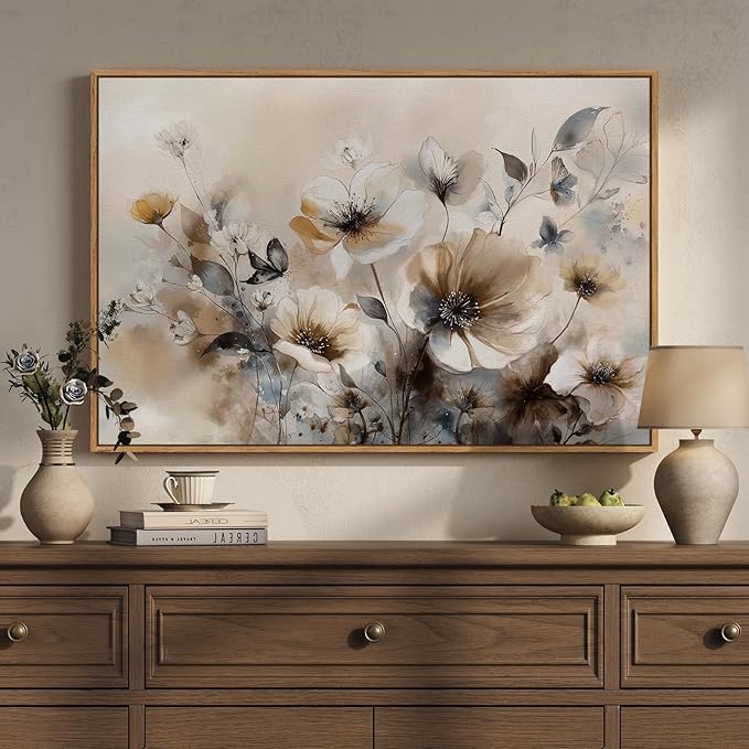 Framed Neutral Floral Wall Art, Vintage Beige Botanical Flower Canvas Artwork for Modern Farmhouse Walls, Rustic Watercolor Painting Prints for Living Room Bedroom Kitchen Dining Room, 24x36 Inch