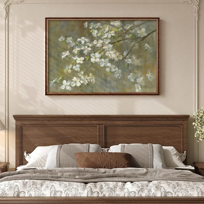Framed Vintage Floral Wall Art, Green White Neutral Farmhouse Botanical Canvas Painting Prints Artwork for Walls, Rustic Retro Flower Picture for Living Room Bedroom Kitchen Hallway Wall Decor, 24x36