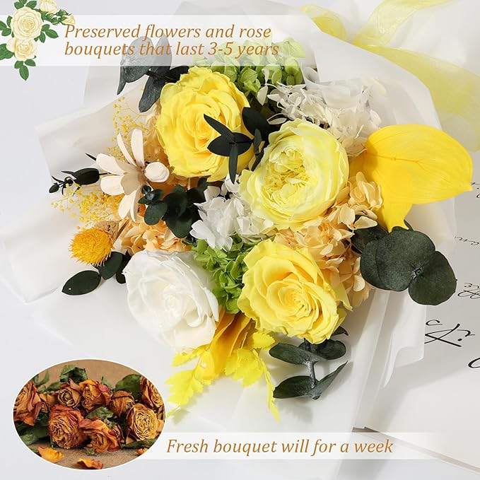 Flowers for Delivery Prime Preserved Flowers Bouquet That Last 3-5 Years Real Forever Roses Bouquet for Her Women Wife Grandma Anniversary Birthday Mothers Day Gifts for Mom(Yellow)