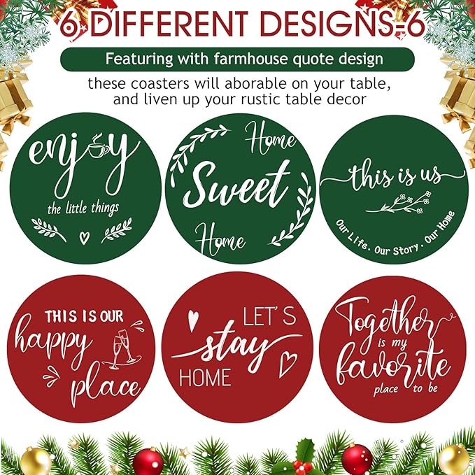 Queekay Coasters Set of 6 House Warming Gifts New Home Wooden Farmhouse Drink Coasters with Holder 4'' Funny Decoration for Kitchen Family Coffee Bar Tabletop Protection(Red,Green)
