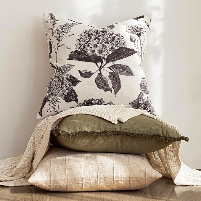 Foindtower Set of 2 Linen Floral Vintage Throw Pillow Covers Neutral Accent Print Decorative Cushion Covers Farmhouse Boho Home Decor for Sofa Chair Couch Bedroom Living Room,20×20 Inch,Black