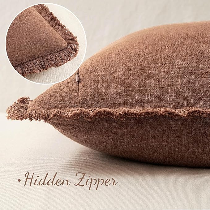 MIULEE Decorative Throw Pillow Covers Neutral Linen Fringe Throw Pillows Set of 2 Brick Boho Farmhouse Cushion Covers with Tassels for Couch Sofa Bed Living Room Fall Home Decor 18x18 Inch