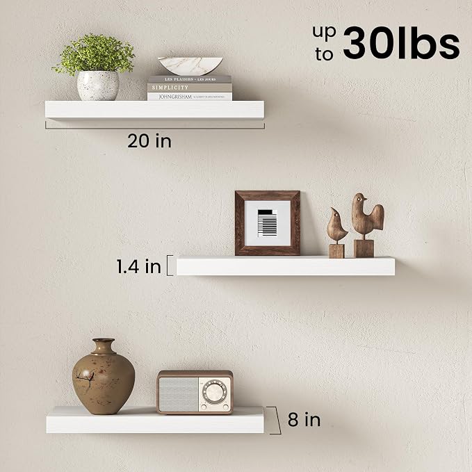 Fun Memories Floating Shelves, 20 Inch Floating Shelves, Wall Mounted Rustic Wood Shelf for Bathroom, Living Room, Bedroom and Kitchen, Hanging Shelf for Storage, Books, Home Decor, White - Set of 3
