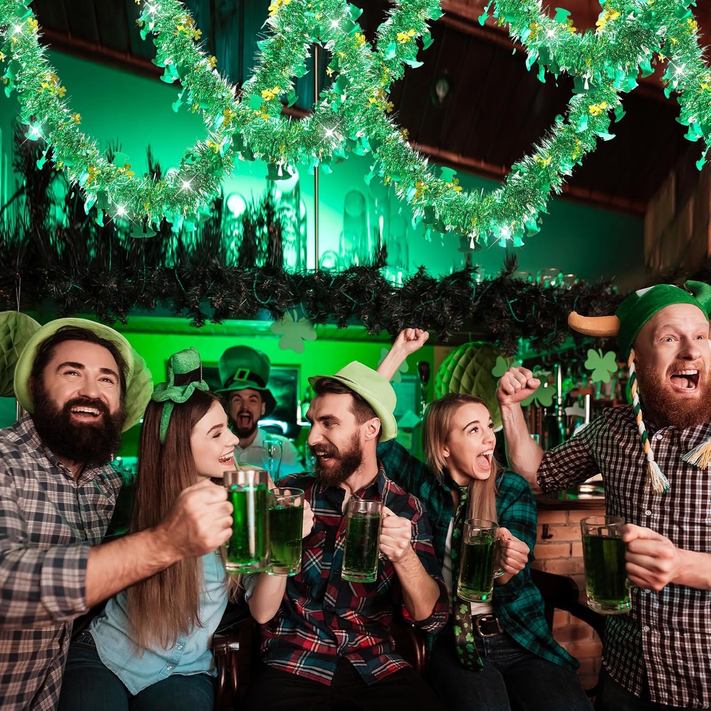 33 FT St Patricks Day Garland with Gold Green Shamrock Hat Tinsel Garland,Shiny Metallic Garlands St Patricks Day Decor for Home Indoor Outdoor St Patricks Party Supplies