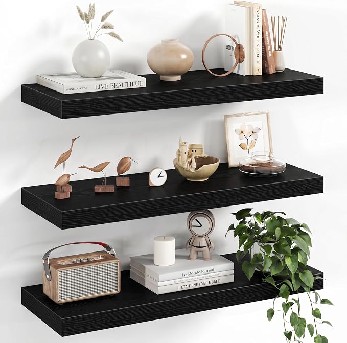 Fun Memories 24 Inch Floating Shelves - 8 Inch Deep Rustic Black Wooden Wall Shelves - Extra Deeper & Thicker Wall Mounted Storage Shelf for Bedroom, Kitchen, Farmhouse, Black - Set of 3