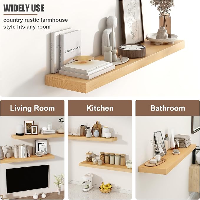 FLYJOE Floating Shelves for Wall, USA-Sourced Beech Wood 48 Inch Long Wall Shelves, Natural Wooden Mounted Picture Ledge Shelf, Nursery Book Storage Shelf Kids Bookshelf, Display Shelf for Bathroom