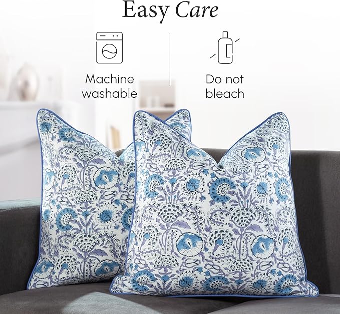 CPC 100% Cotton Throw Pillow Covers 18x18 Inch, Set of 2 Blue Block Print Pattern Couch Pillow, Cute Boho Decorative Pillows for Living Room, Bedroom with Hidden Zipper- Indigo Blue