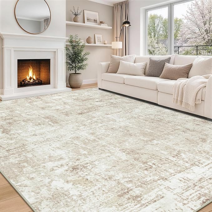 9x12 Area Rugs for Living Room Rug Washable: Modern Large Rug for Dining Room Bedroom Carpet Non Slip 9 by 12 Indoor Abstract Nursery Home Office Beige