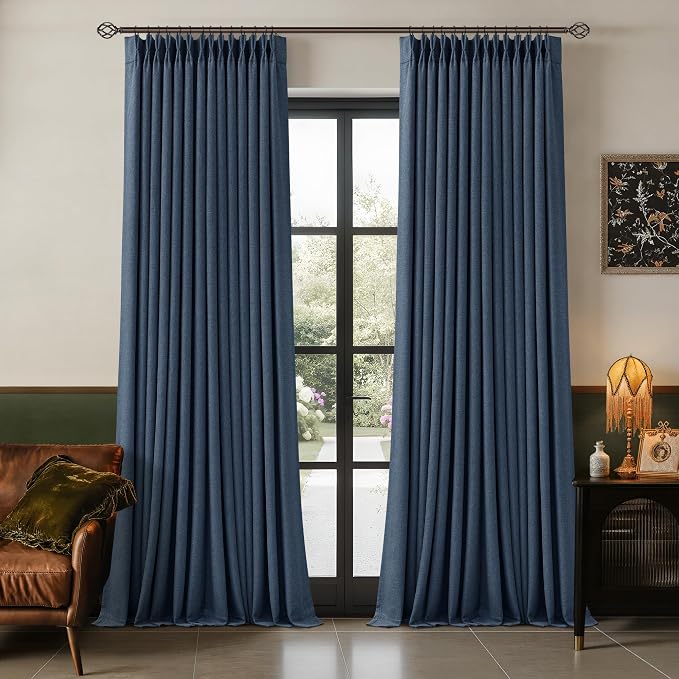 Navy Pinch Pleated Blackout 102 Inch Bedroom Curtains 2 Panels Set Linen Dual Layer Soundproof Dark Blue Window Drapes for Living Room with Back Tab 100% Black Out Window Drapes
