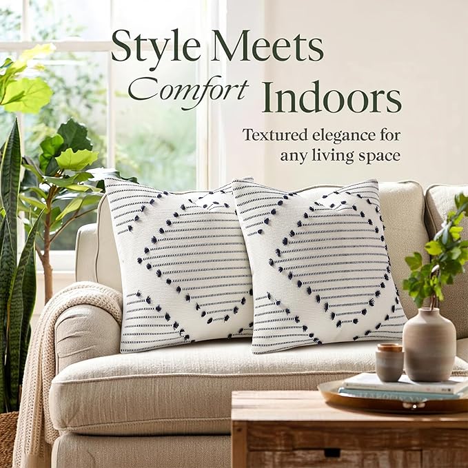 Mecatny Boho Summer Outdoor Throw Pillow Covers 18X18 Set of 2, Farmhouse Decorative Pillow Covers for Couch Sofa Living Room, Navy & Cream White