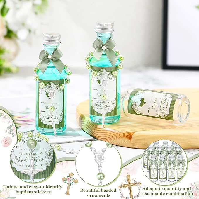 FillTouch 24 Sets Catholic Holy Water Bottle Baptism Rosary Set Baptism Favors 1.7oz Christian Water Container Empty Glass Holy Water Bottle for Easter Party Church Wedding Table Newborn (Green)