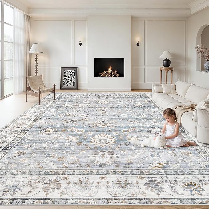 XLUEZ Area Rug 9x12 Living Room Rug, Machine Washable Vintage Distressed Boho Area Rug Non-Slip Soft Low Pile Large Indoor Rugs for Bedroom Kitchen Dining Room Office(Light Blue,9'x12')