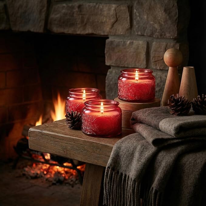 4 oz Red Mandala Glass Candle Jars with Bamboo Lids, 18 Pack | Patented Embossed Design, Includes Wick Centering Devices & Warning Labels, Multiple Color Options