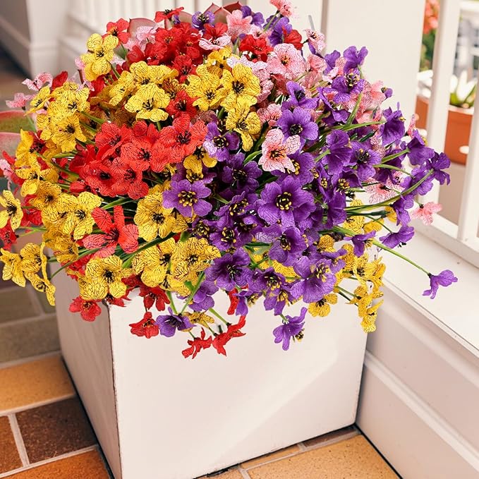 Geegoods Artificial Mums Flowers for Outdoors, 32 Bundles UV Resistant Fake Plastic Colorful Mix Flowers for Patio Porch Spring Summer Decor