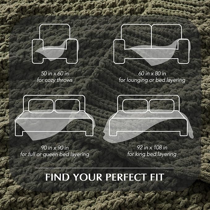 EVERGRACEHOME Chunky Polyester Knit Throw Blanket for Couch, Soft Luxurious Oversized King Moss Stitch Blanket for Bed, Large Cozy Farmhouse Knitted Throw for Sofa, Olive Green, 92" x 108"