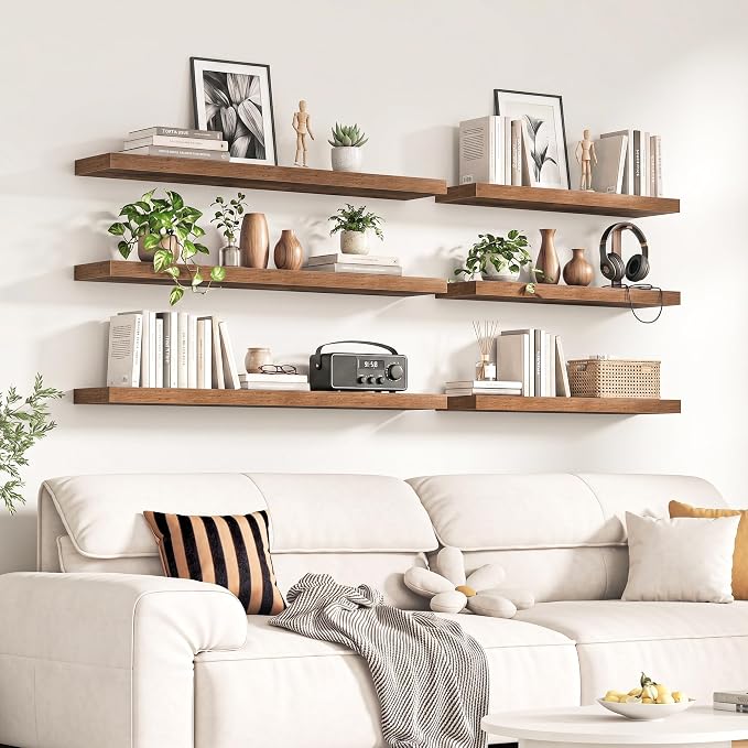 Fun Memories 55Inch Long Floating Shelves, 8 Inch Deep Shelves for Bedroom|Living Room, Wall Mounted Wood Hanging Shelf with Invisible Brackets for Fireplace Mantel Home Storage Decor, Brown - 2 Pack