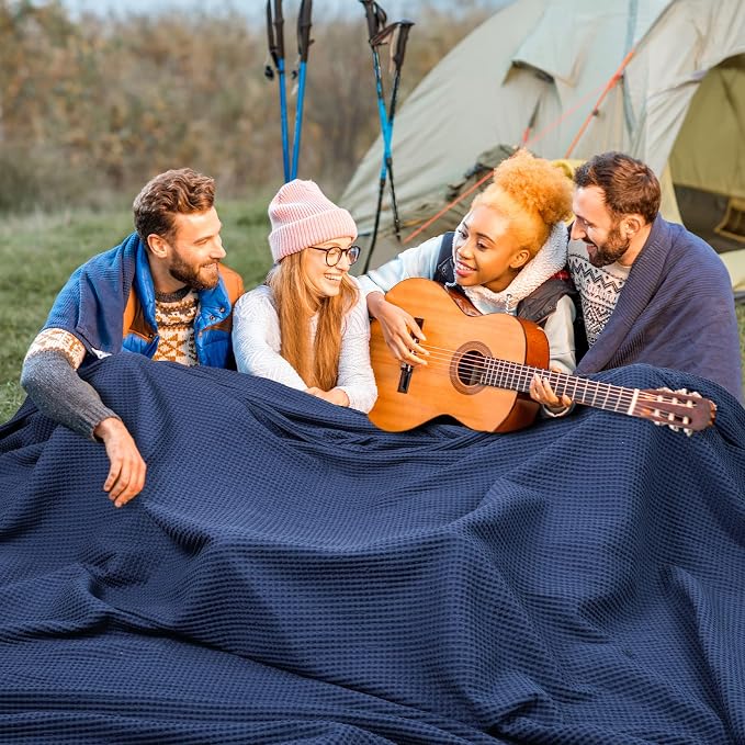 PHF 100% Cotton Waffle Weave Family Blanket Oversized King 120"*120", Pre-Washed Lightweight Breathable, Machine Washable,10'x 10' Huge Extra Large Big, Home Decoration Gift - Navy Blue/Bright Blue