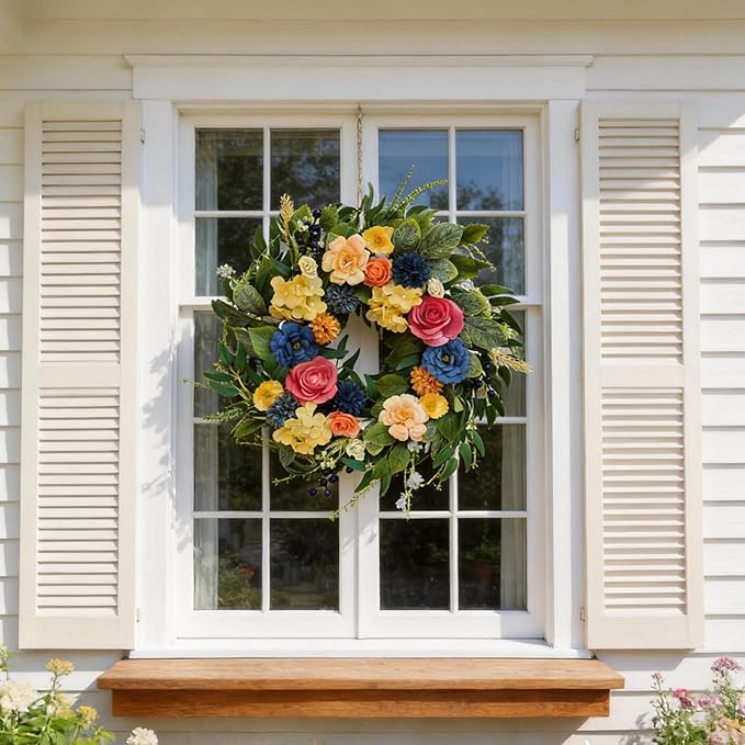 Spring Wreaths for Front Door, 22 Inch Summer Wreath with Roses & Hydrangeas, Outdoor Wreath for Spring Summer Door Decor