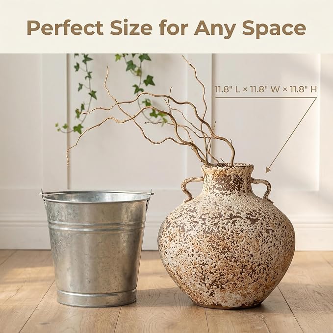 Ceramic Rustic Farmhouse Vase,Extra Large Terra Cotta Vase, Huge Pottery Decorative Flower Vases for Living Room Entryway Table Centerpiece Decor(11.8'' X 11.8'' x 11.8'')