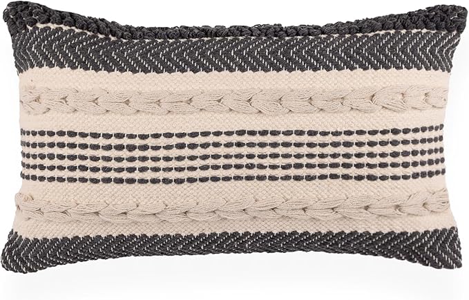 REDEARTH · Boho Textured Throw Pillow Cushion Covers - Cotton Lumbar Woven Tufted Decorative Farmhouse Cases Set for Couch, Sofa, Bed, Chair, Dining, Patio (12"x 20", Precis Descant Gray) Pack of 2