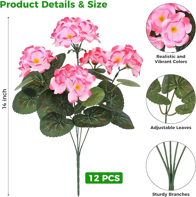 Ouddy Decor Artificial Geranium Flowers for Outdoors, Fake Silk Flowers UV Resistant Faux Geraniums for Vase Planter Garden Patio Balcony Porch Indoor Outdoor Spring Summer Home Decor, 12 Pcs Pink