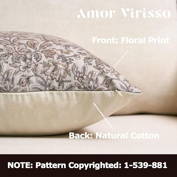 Amor Virisso Floral Throw Pillow Covers 18x18 Set of 2 Vintage Block Print Pillow Covers Decorative Pillow Covers Couch Pillows for Living Room Farmhouse Accent Sofa Pillows, Red/Sand